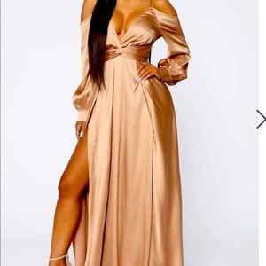 Long satin tan dress with slit